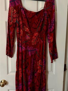 Farm Rio Red Tropical Leaf Long Sleeve Women’s Dress